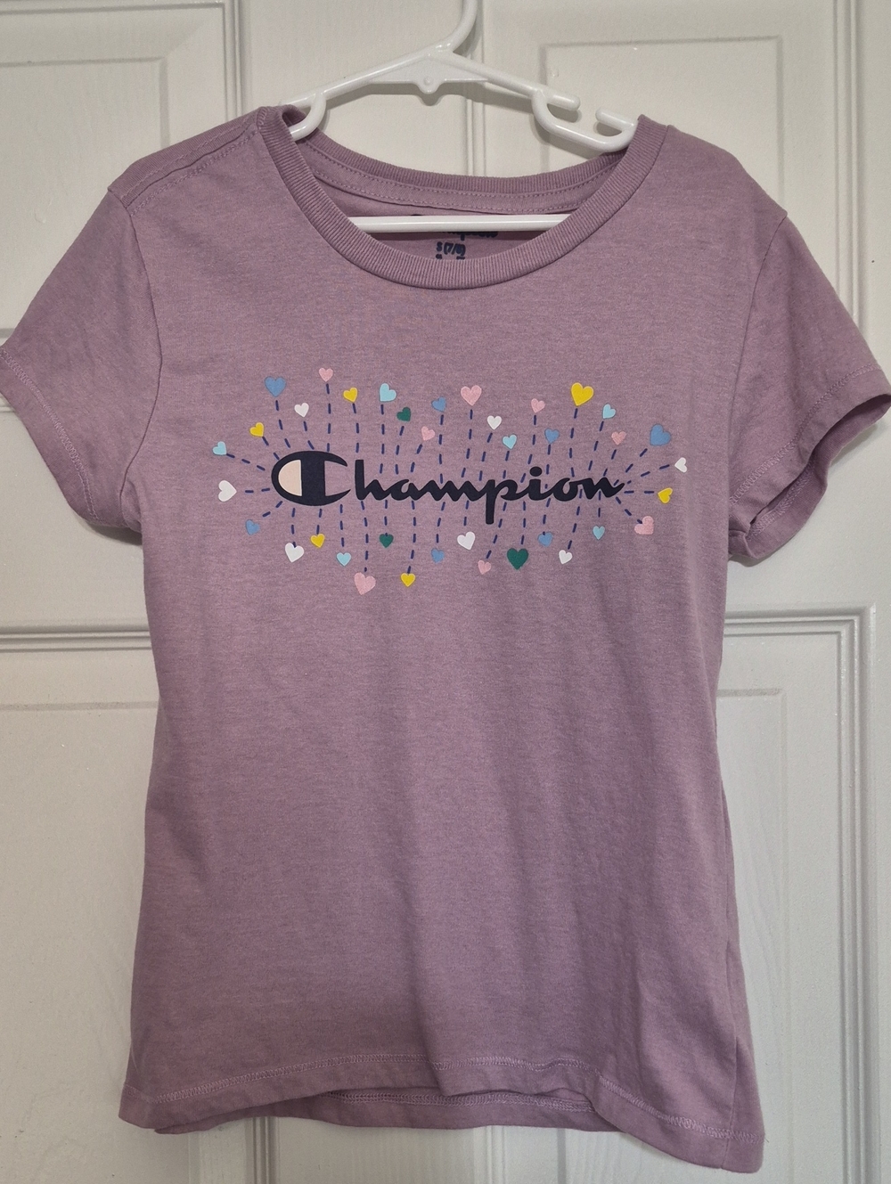 Champion Lavender Short Sleeve Tee with Multicolor Heart Graphic